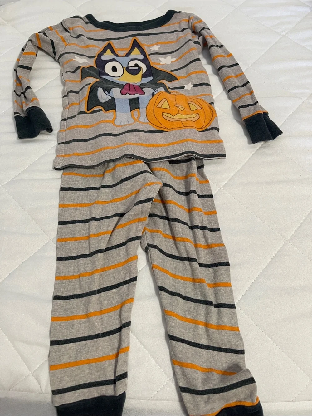 Kids Gray & Orange Striped Halloween Pajama Set with Bat & Pumpkin